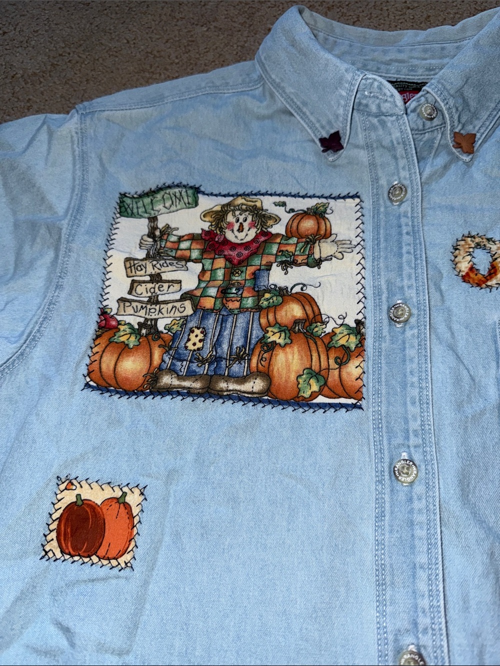 Wrangler Light Blue Denim Button-Down Shirt with Pumpkin Patch Appliqués - Picture 4 of 8